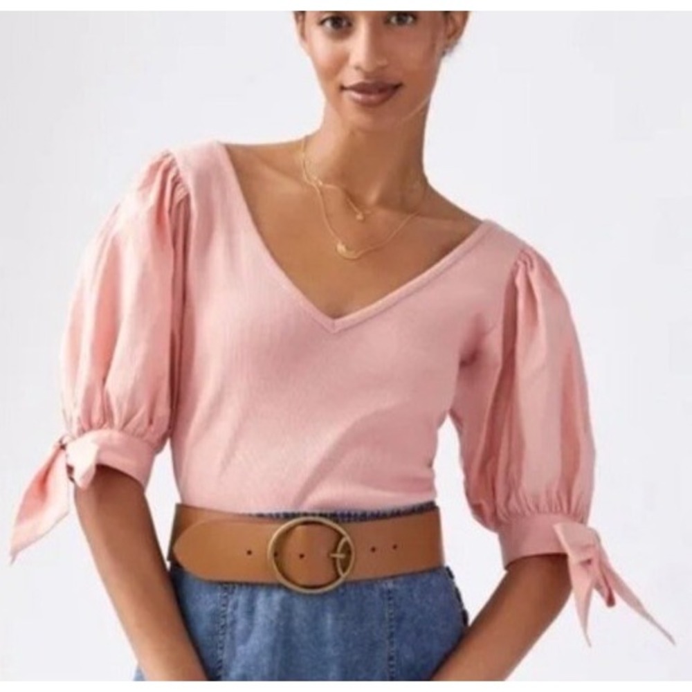 Maeve by Anthropologie Dusted Coral Tie Puff Sleeve V-Neck Ribbed Knit Top Small